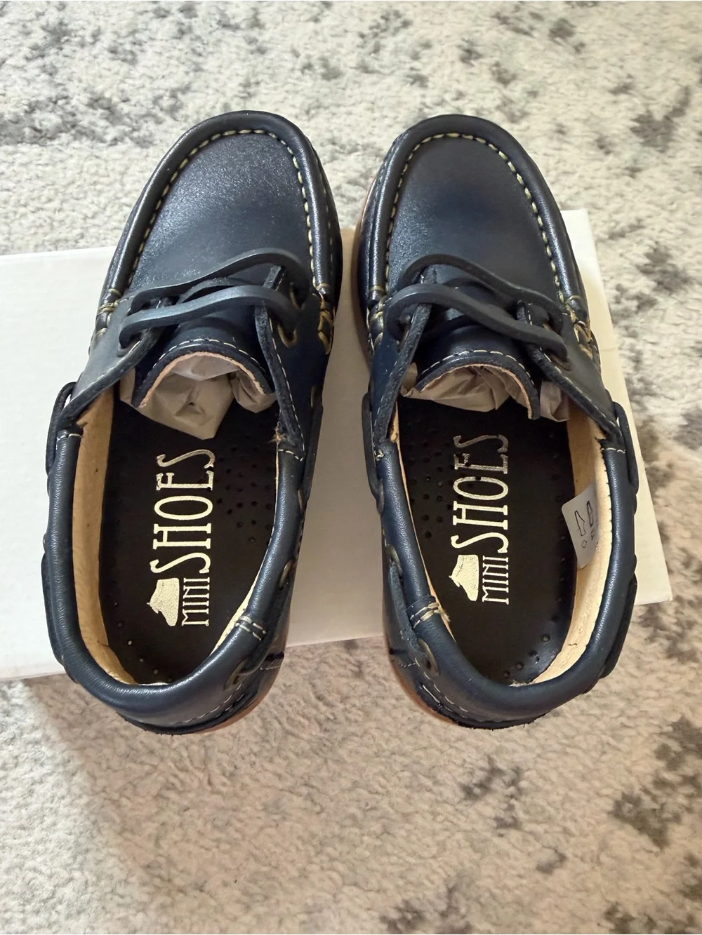 Kids Navy Leather Boat Shoes with Tan Sole